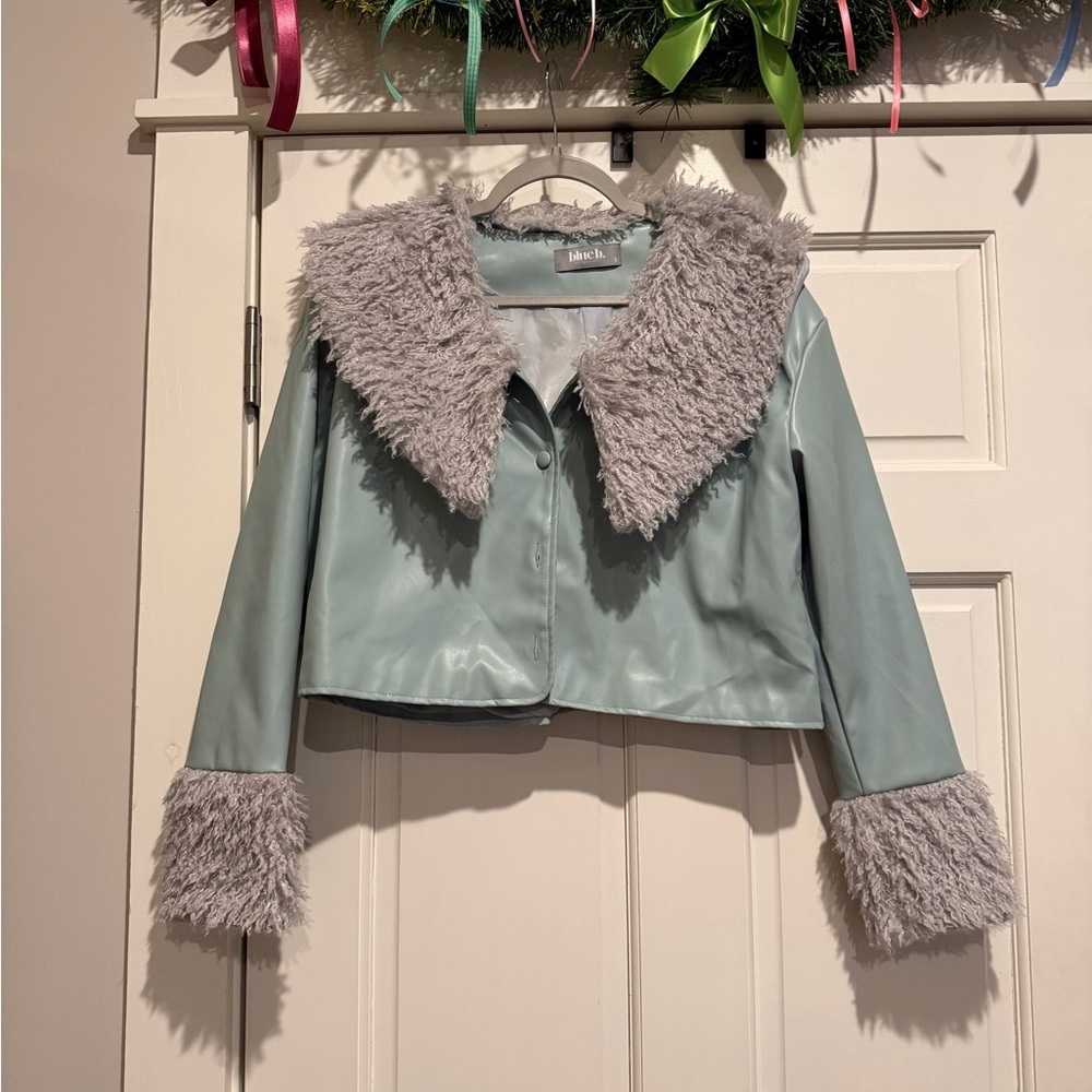 Blue B Collection Cropped Light Blue Leather Jacket with Faux Fur Trim Winter - Picture 2 of 8